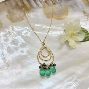 Peacock teal green emerald quartz gold tear drop gold filled necklace
